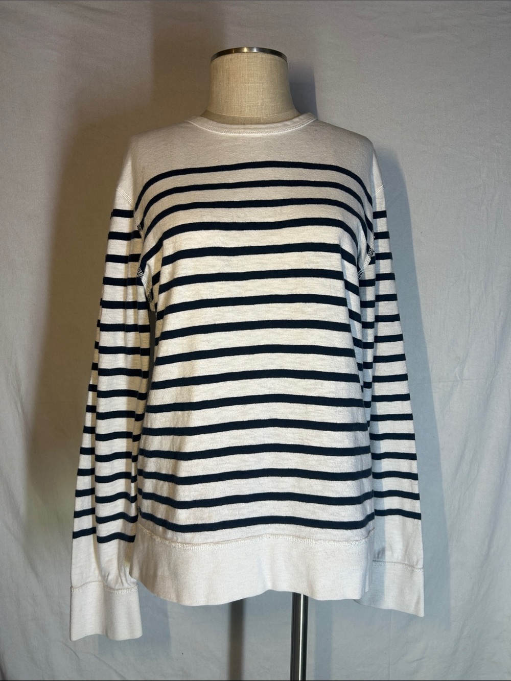 J. Crew White and Navy Striped Crewneck Sweater